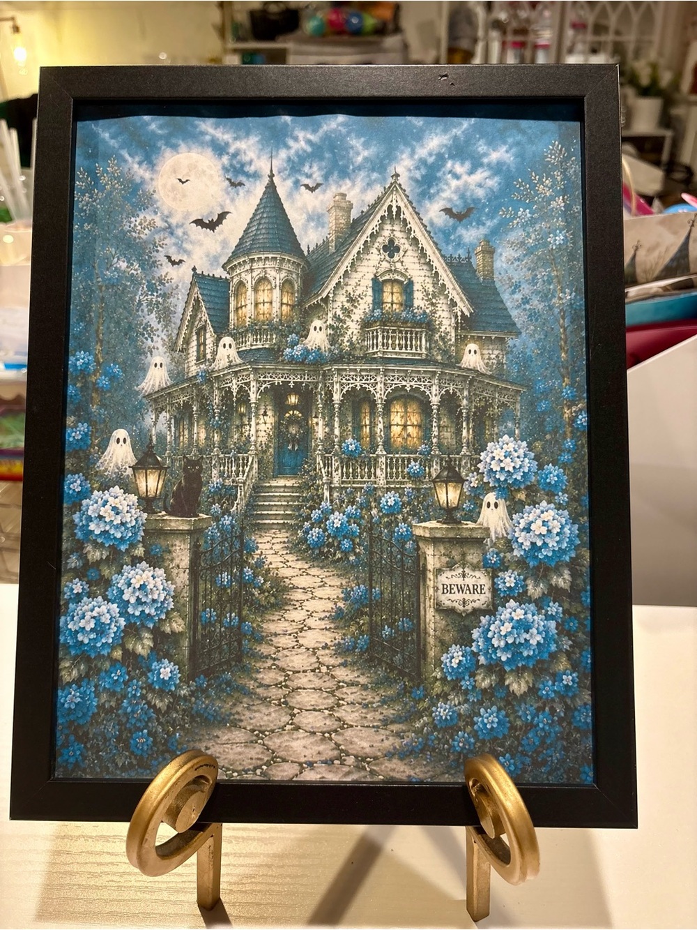 Framed Haunted Victorian House 8x10 Wall Art Print in Blue